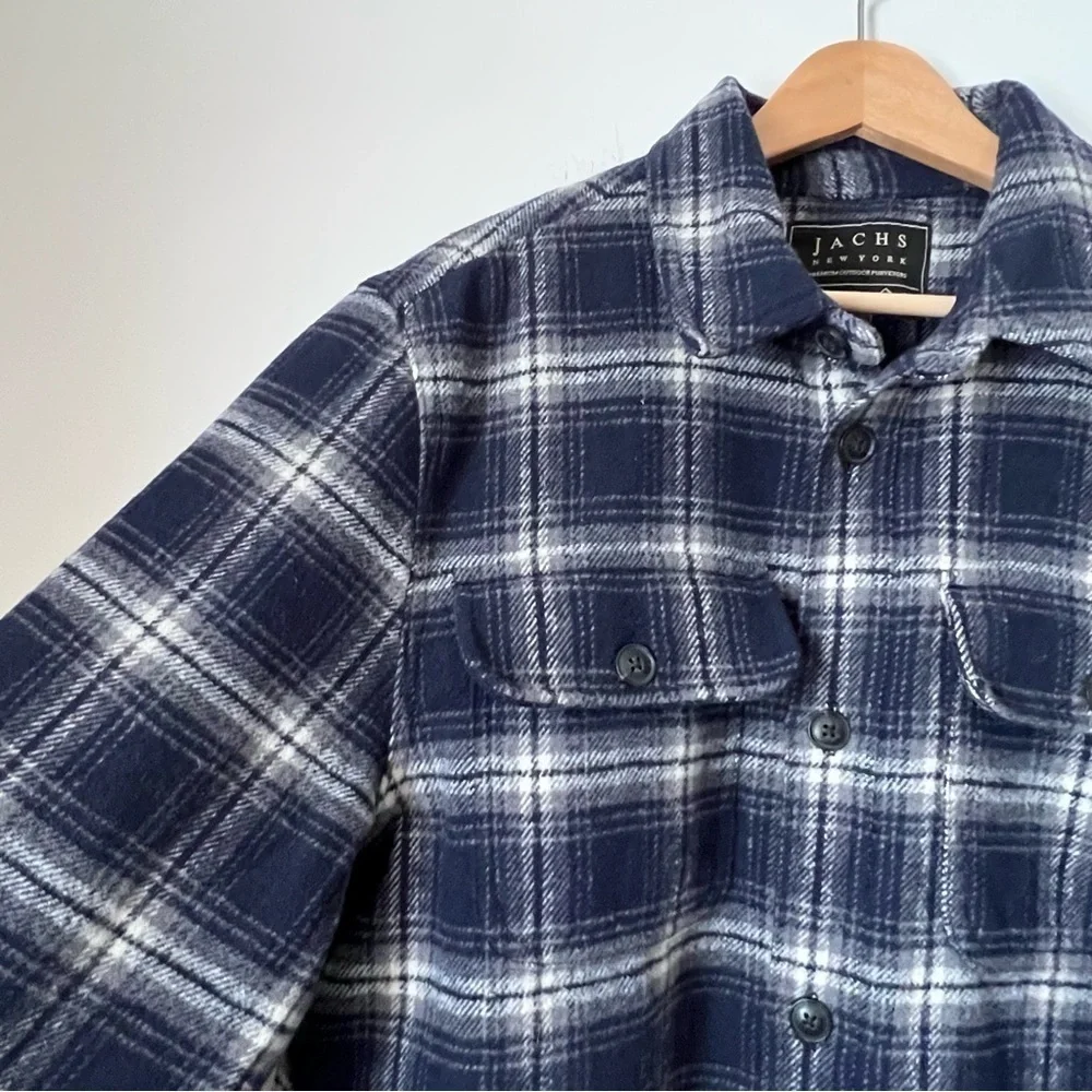 JACHS Men's Plaid Thick Quilted Blue Shirt Jacket Wool Blend Lumberjack Layering